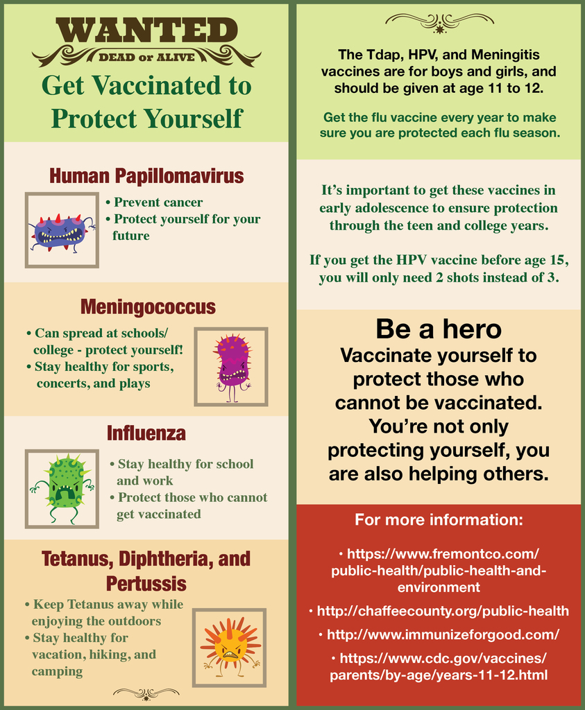 Vaccines recommended for 11-12 year old children per health experts from CDC and Public Health.