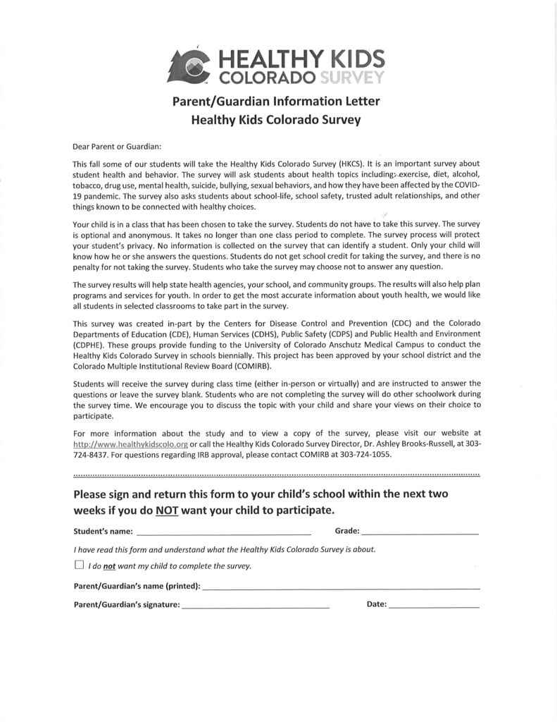 Healthy Kids Colorado Survey Parent/Guardian Information Letter