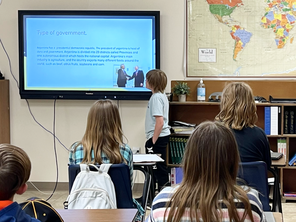 Sixth grade students presented their South American research projects in Mr. Treat's social studies class.