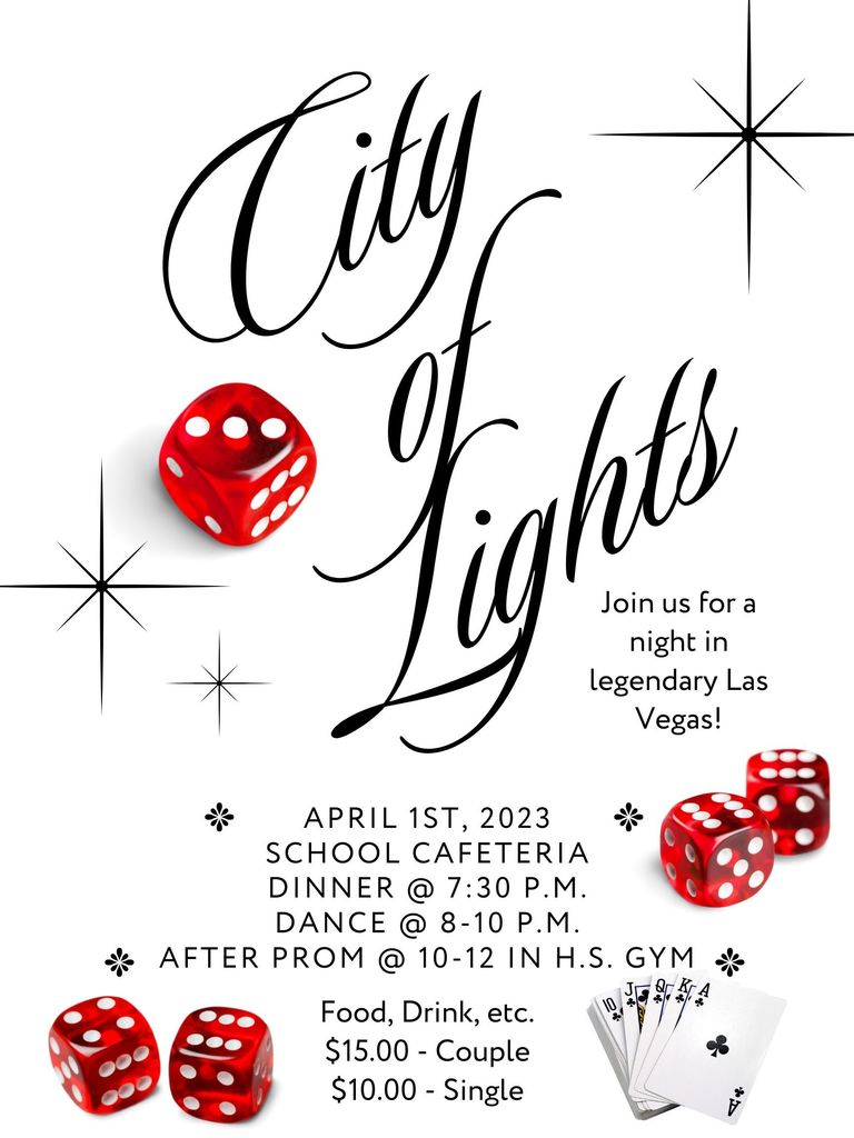 Prom is April 1st from 7:30-10pm in the school cafeteria. After Prom will be in the high school gym from 10pm-12am.